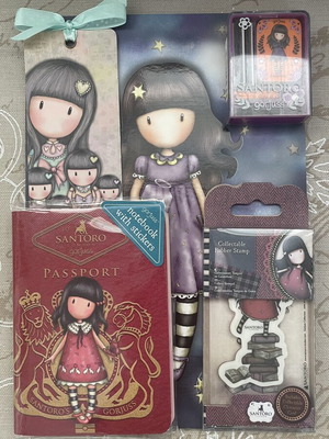 Santoro Gorjuss stationery set with notebook, stamp, erasers, bookmark