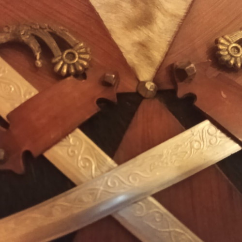 Vintage wall decoration set with swords, shield & leather masks