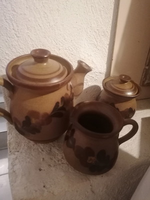 Earthenware set used, 3 pieces coffee or tea from 1970