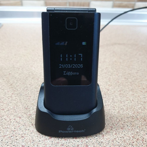 Powerte mobile phone used for seniors with large letters and charging dock