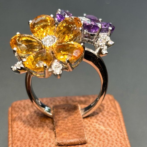 White gold k18 ring with brilliant, amethysts and citrine new