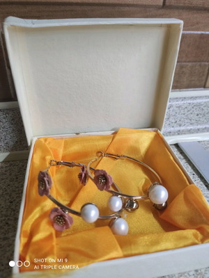 Hoop earrings gold color with faux pearls and pink flowers like new