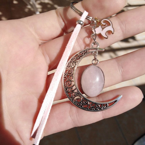 Handmade keychain with rose quartz and metal elements