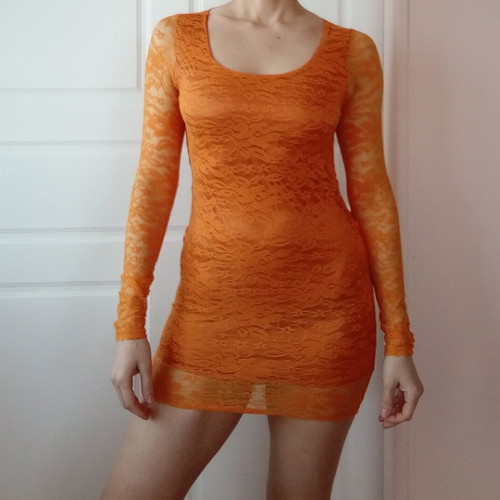 Muse Lace Dress orange with open back and bow, like new XS