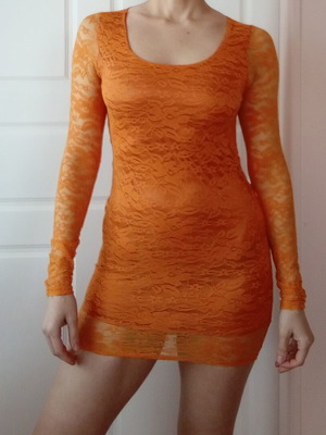 Muse Lace Dress orange with open back and bow, like new XS