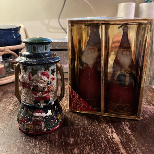 Santa Claus candles and ceramic lantern lightly used