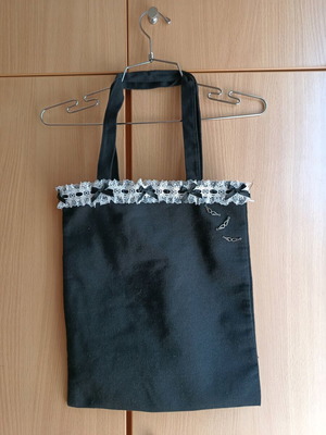 Tote bag handmade, 37x32, lace and charms, black shoulder