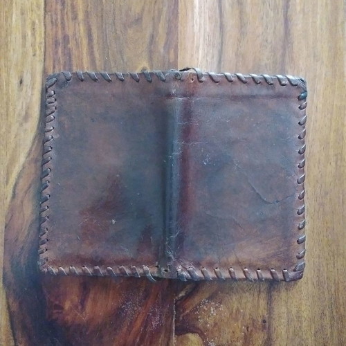 Vintage leather wallet used, beige and brown