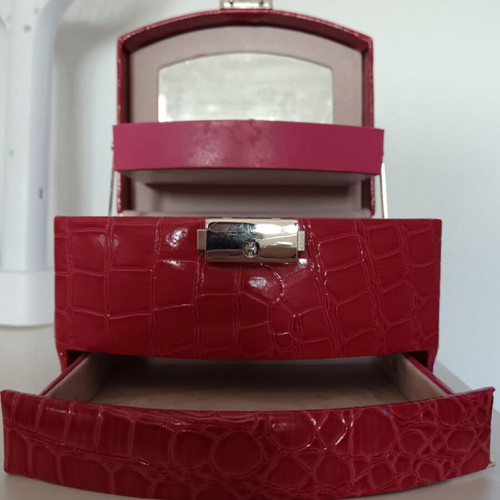 Jewelry box like new, red, multi-level with croco texture