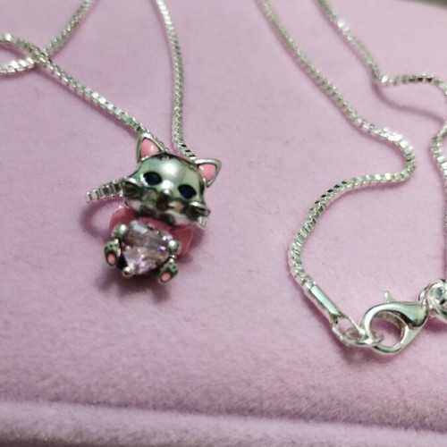 Silver necklace with cat charm and heart new