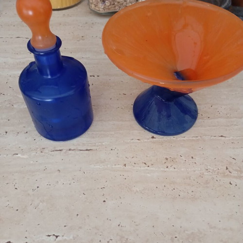 Vintage frosted glass set with blue and orange bottle and martini bowl like new
