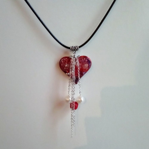 Handmade double-sided necklace new, red, with heart pendant