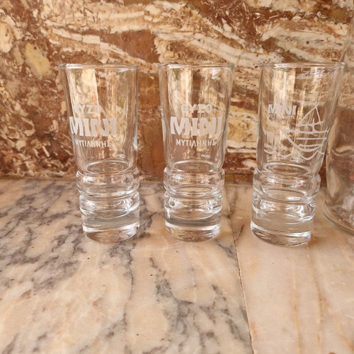 Ouzo Mini Mytilene set used, 7 pieces 80-90s