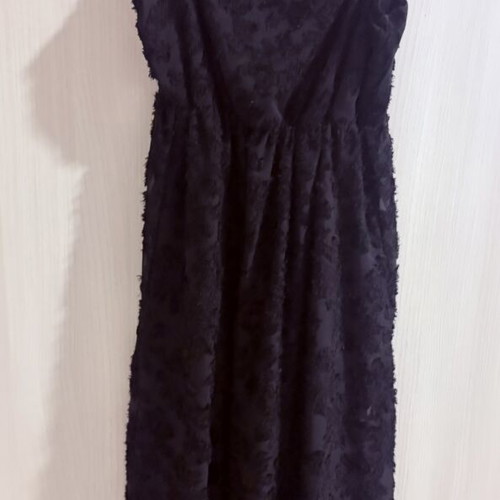 Black evening dress like new, embossed fabric, elastic waist, 7/8 length