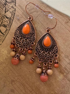 Boho dangle beads earrings new, orange, stainless steel