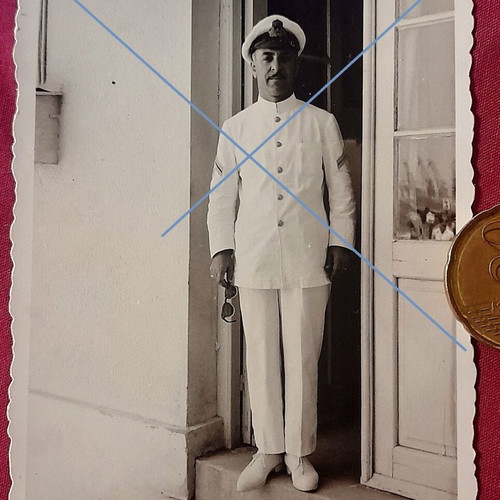 Vintage full-length photo of Greek Navy officer in summer uniform