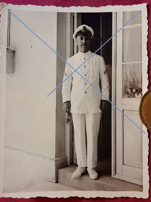 Vintage full-length photo of Greek Navy officer in summer uniform