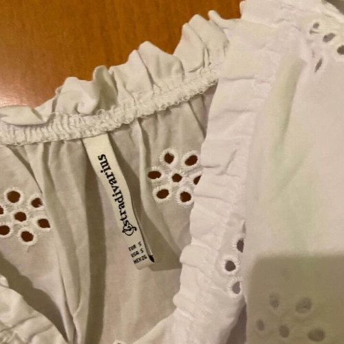 Stradivarius white top with perforated design and off-shoulder like new, size S