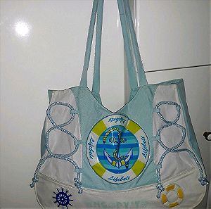 Τσάντα θαλάσσης με χερούλια και φερμουάρ, γαλάζιο χρώμα, ώμου