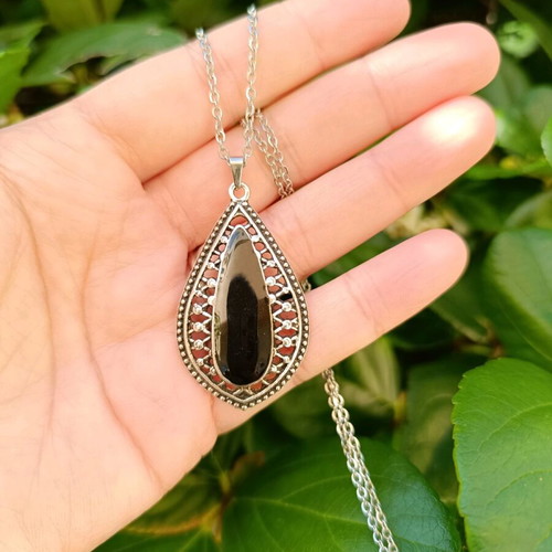 Handmade women's stainless steel necklace with teardrop pendant and black enamel new