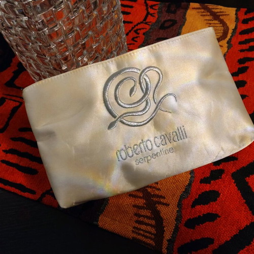 Roberto Cavalli toiletry bag used, beige satin fabric