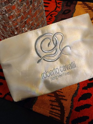 Roberto Cavalli toiletry bag used, beige satin fabric