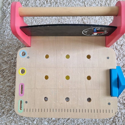 ELC Wooden Activity Workbench used with accessories