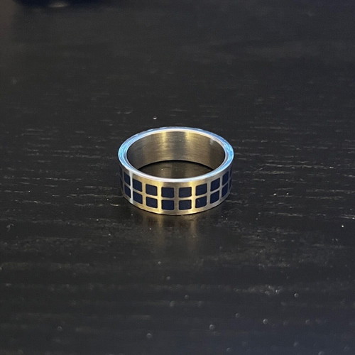 Silver ring with blue squares made of stainless steel