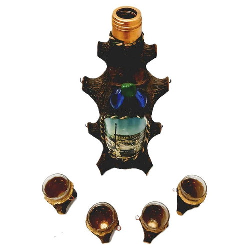 Vintage Rakia Serving Set from Yugoslavia used, glass and wood