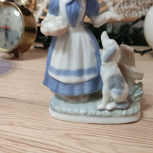 Porcelain figurine of girl with basket and dog like new, vintage