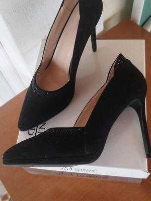 Black Suede High Heels with Black Rhinestones, New, 12cm Heel