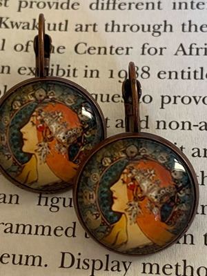 Handmade earrings set with Zodiaque art by Alfons Mucha, new