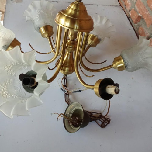 Brass 6-Light Vintage Ceiling Lamp used, 1970s with opaline shades