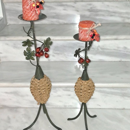 Set of 2 metal candlesticks new with glass grape decoration