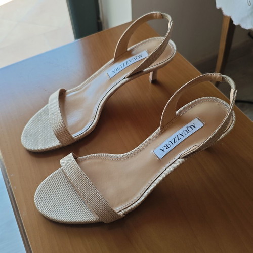 Aquazzura So Nude 50 Snake-Effect Leather Slingback Sandals like new, beige