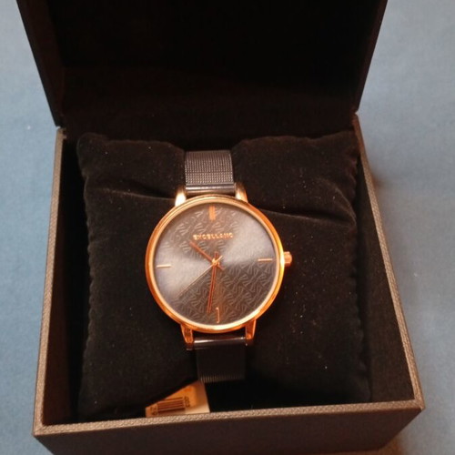 Excellanc wristwatch new, black dial and strap with rose gold details