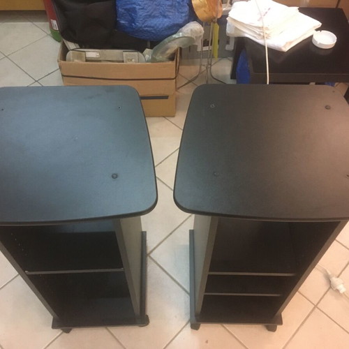 Rolling side tables like new, black melamine shelves, set of 2