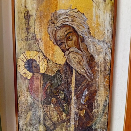 Icon of Symeon the Righteous and St. Theodore used, painted on canvas with gold leaf and sand