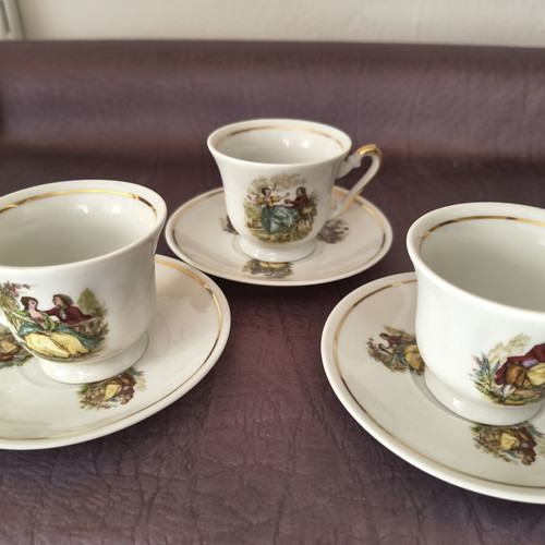 Vintage porcelain coffee cup set of 3 with romantic scenes and gold detail