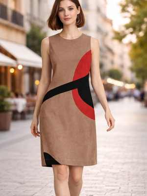 Рокля Ysatis като нова, камилско с черен и червен дизайн