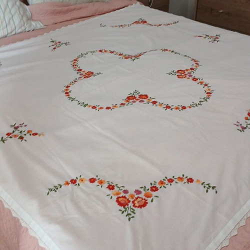 Handmade tablecloth linen fabric with embroidered floral designs