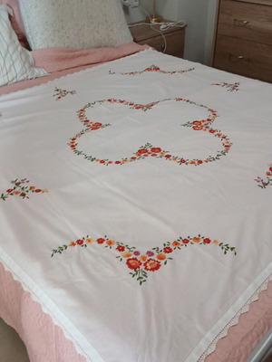 Handmade tablecloth linen fabric with embroidered floral designs