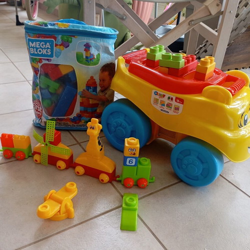 Clementoni baby walker with Mega Blocks and train toy used