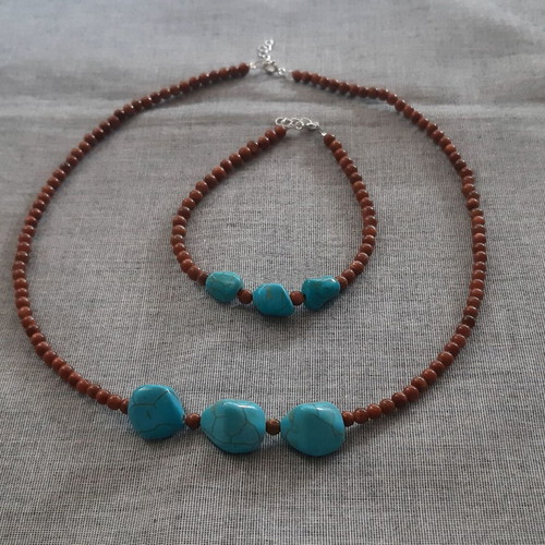 Psyche jewelry set necklace and bracelet with goldstone turquoise silver 925 new handmade