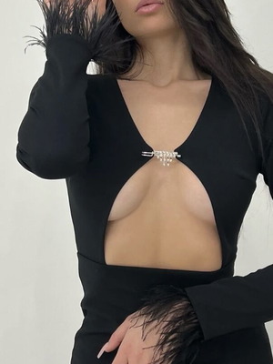 Mini dress new with elegant cutout and feather details black XS