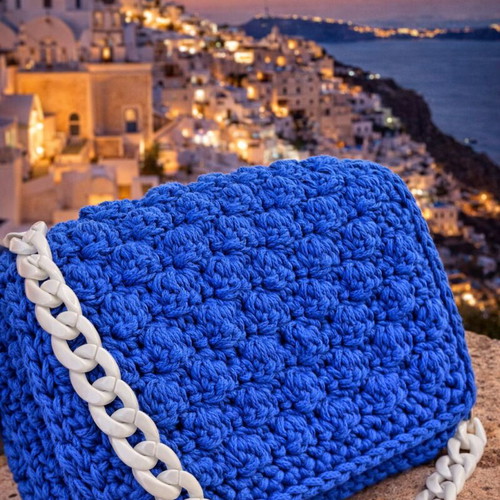Crochet shoulder bag new, blue with white chain