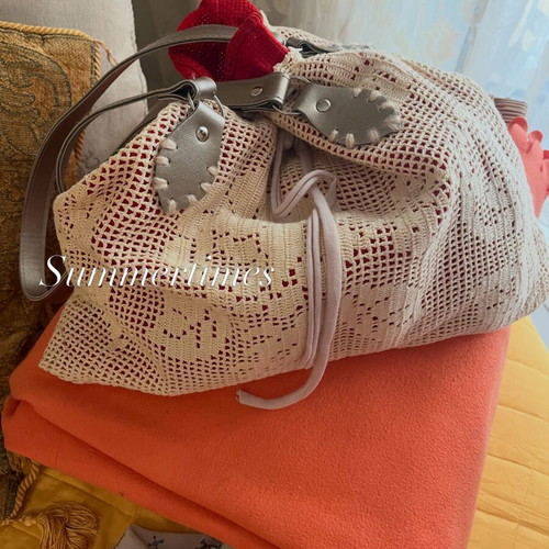 Handmade bag with leather handles, new, white and beige