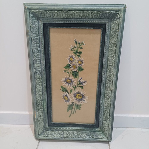 Embroidered painting used with greenish frame 34cm x 54cm