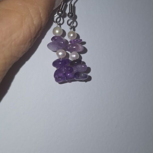 Handmade earrings with amethyst and pearls on steel base made to order