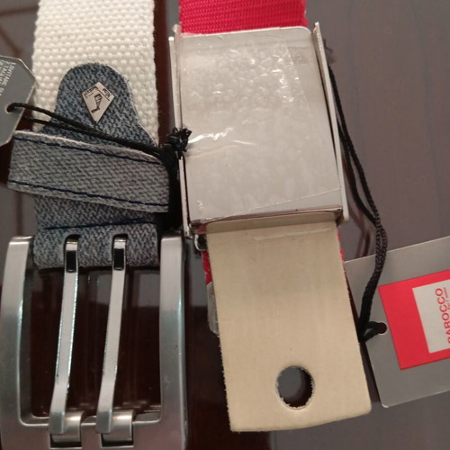 Fabric belts new, red and white with denim detail, pack of two